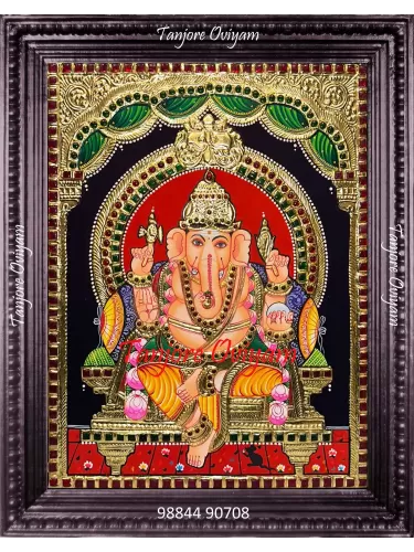 Tanjore painting of Lord Ganesha with gold foil work, seated Vinayagar and traditional Thanjavur art detailing